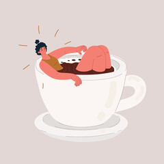 Cartoon vector illustration of a woman in swimsuit lying in a hot coffee cup, relaxation and surreal concept