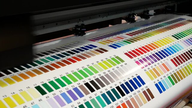 Large wide digital inkjet printing machine during production. Print a test color spectrum.
