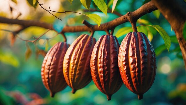 Tree branches with close-up Cocoa pods.