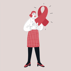 Cartoon vector illustration of a woman holding a pink ribbon, breast cancer awareness and support concept