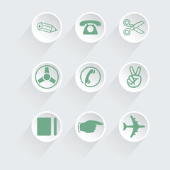 Web icons vector set with flat design includes computer, internet, business, and website symbols in various shapes like circle and glossy buttons, illustrated with arrow and music signs
