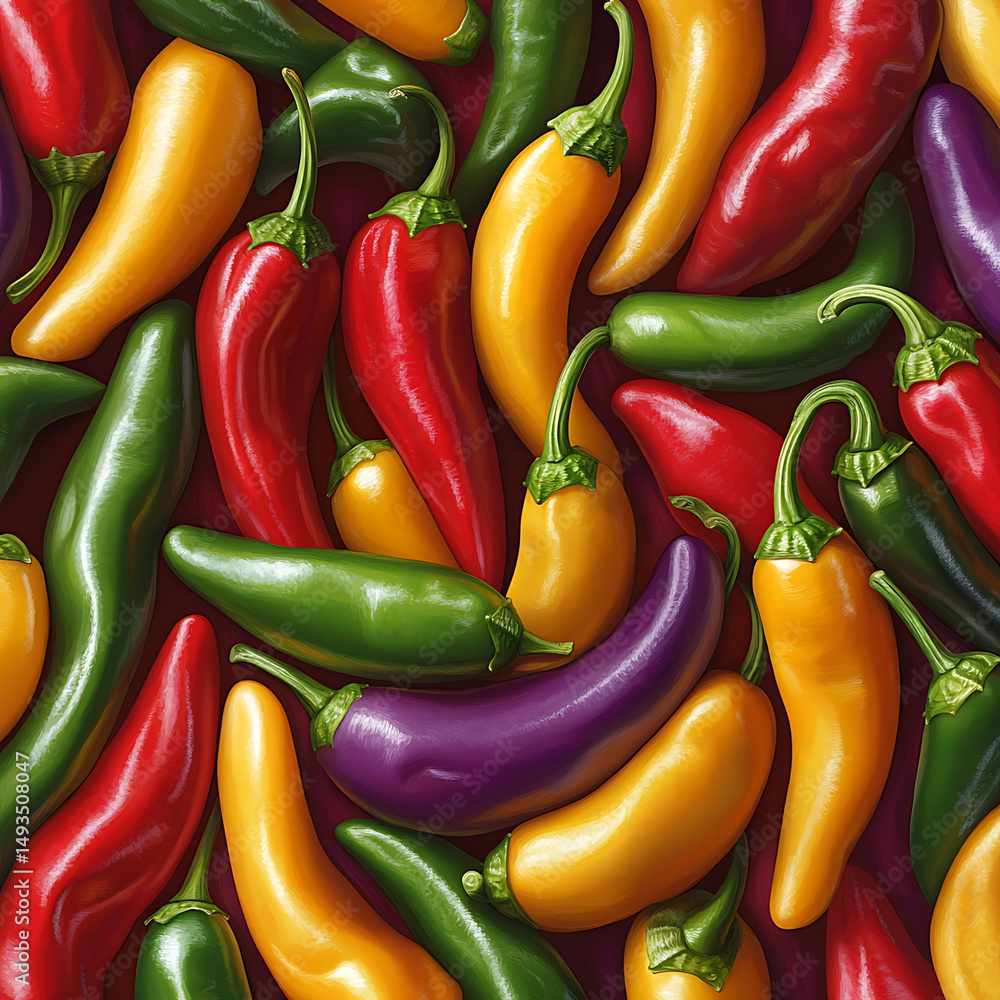 Poster vibrant chili peppers in various colors create lively and colorful display, showcasing beauty of fre