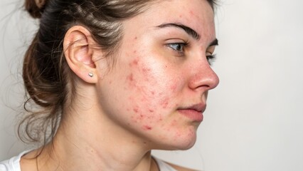 Acne on woman face with rash skin, scar, and red skin syndrome allergic to cosmetics, use steroids, dermatology, inflammation, infection, hygiene