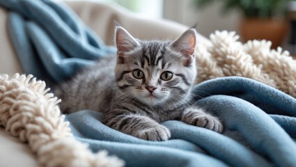 Sweet gray striped kitten contentedly sleeps on a blue blanket within the house, serene and relaxed after a full day of fun with other kittens.