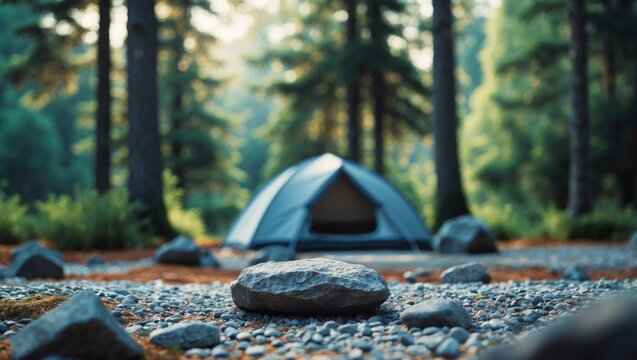 Empty rock surface in front of a camping tent