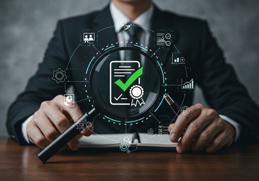 The image depicts quality assurance with a green checkmark in a magnifying glass held over a document by a person in a suit, amidst relevant icons.