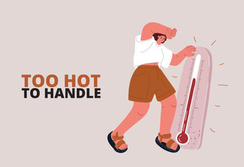 Vector illustration of a woman in shorts sweating and holding a thermometer, heat and fever concept