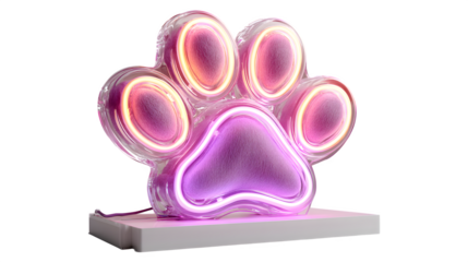 A glowing neon paw print in soft lavender tones, celebrating pets and companionship, isolated on white --ar 16:9 --v 7.0 --s 750