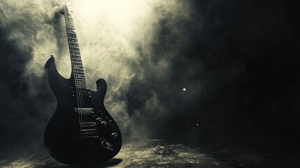 Electric guitar standing on dark foggy stage in moody rock music performance concept