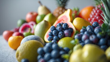 Fresh fruits in close-up with a focus on select details