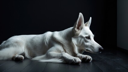 Lying White Swiss Shepherd dog on the floor observing the corner