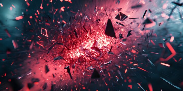 Explosive fragmentation of a fiery object in a dark space.