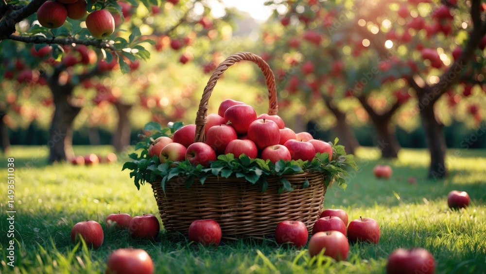 Poster foreground features a wicker basket filled with red apples, with apple trees behind in a fall style