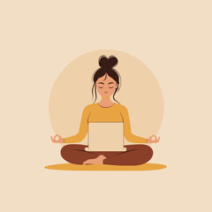 Woman meditating with laptop in minimalist yoga illustration