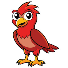 Cartoon red bird character is standing confidently and smiling on a white background