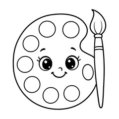 Cute Paint Palette and Brush Vector for Coloring, Smiling Art Supplies Illustration for Kids Creative Activities