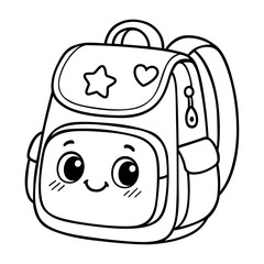 Cute Backpack Vector for Coloring, Smiling School Bag Illustration for Kids' Fun Educational Activities