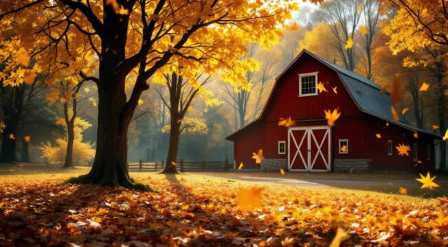 Autumn barn fall leaves golden sunlight