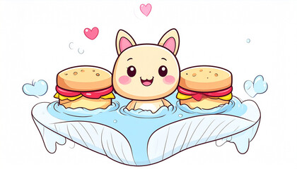 A cute cartoon cat-like creature happily bathes in a light blue pool, flanked by two cheeseburgers floating on the water's surface. Hearts float above