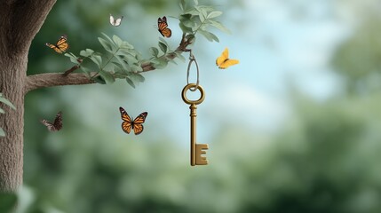 Unlocking nature's secrets key surrounded by butterflies in a lush green environment