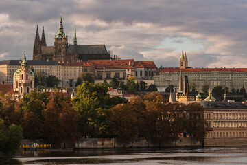 view to Prague Castle and St. Vitus Cathedral from across the river Vltava 
