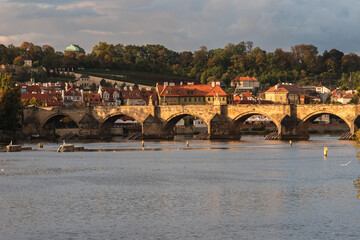 view to Charles Bridge from across the river Vltava