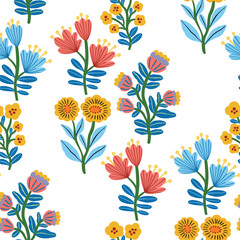 Seamless floral pattern with delicate hand-drawn modern flowers. Vintage pastel color palette. Ideal for fabric, wallpaper, stationery, packaging, and surface design.