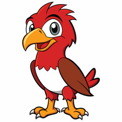 A cheerful red cartoon bird stands smiling with its wings folded on a white background