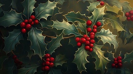 Detailed illustration of holly berries and leaves.
