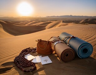 desert meditation oasis a serene retreat featuring mala beads affirmation cards woven yoga mat bag healing stones pouch inviting tranquility and mindfulness