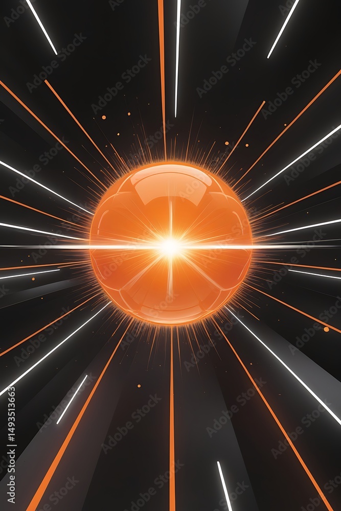 Poster vibrant abstract illustration featuring a glowing sphere with emanating light beams and a dynamic da