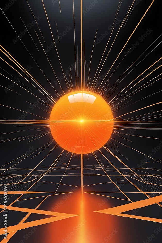 Poster abstract 3d render featuring a glowing orange sphere with light streaks and futuristic elements on a