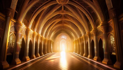 Fototapeta premium a golden light shines through an ornate archway in a grand mysterious hall