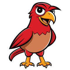 Cartoon red cardinal stands smiling, featuring a vibrant plumage and determined expression