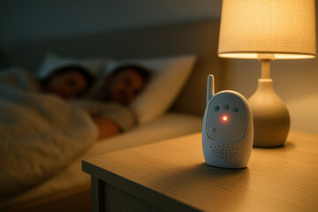 Baby monitor on bedside table with night lamp, couple sleeping in background. Cozy nighttime scene with warm lighting and sense of safety.