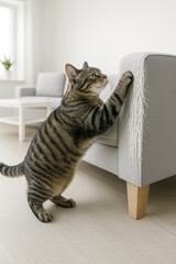 Striped domestic cat scratching the side of a light sofa in a minimalist living room. Damaged furniture and typical feline behavior.