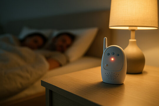 Baby monitor on bedside table with night lamp, couple sleeping in background. Cozy nighttime scene with warm lighting and sense of safety.