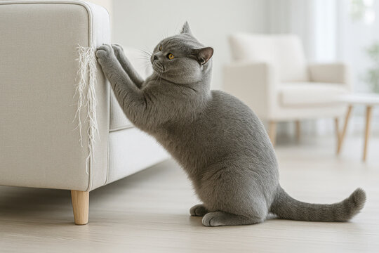 Gray British cat scratching the side of a sofa in a bright room. Damaged furniture, typical indoor cat behavior, cozy interior.