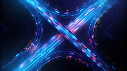 Obraz premium Aerial view presents bright light trails from vehicles moving across illuminated highway interchange at night