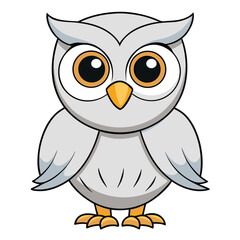 Adorable cartoon owl with big golden eyes stands on a white background