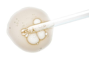 Cosmetic yellow beige serum or ampoule, gel swatch with pipette dropper isolated on white
