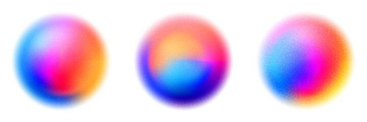 Multicolor gradation sphere with noise texture. Blurred neon ball with rainbow color transitions. Red, yellow and blue bubble. Iridescent blobs. Abstract vector elements.