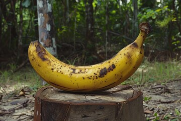 A ripe banana can be found perched on a wooden stump in the woods