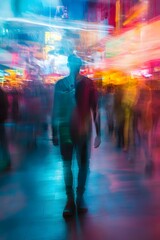 An abstract portrait of a man fading into a bustling marketplace.