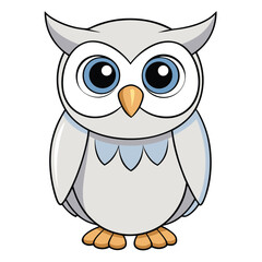 Adorable cartoon snowy owl stands attentively against the white, a simplified animal