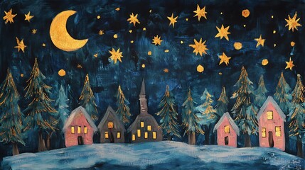 Winter night scene of a small village under a starry sky.