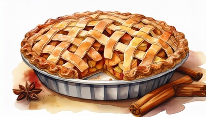 Obraz premium handcrafted watercolor illustration of traditional apple pie with golden lattice crust and cinnamon spiced filling in vintage baking style