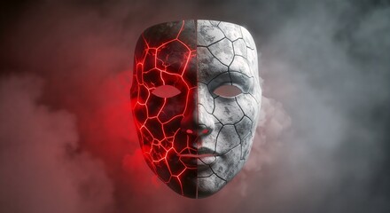 Fototapeta premium Fractured mask with glowing lava-like cracks, 3D render style, in fiery red, dark grey, and smoky black, representing inner conflict or transformation