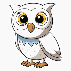 Adorable cartoon owl with white plumage and big yellow eyes stands attentively