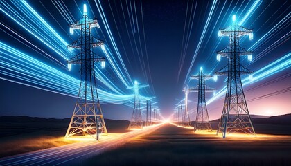 futuristic electric power lines illuminated at night showcasing technology and energy flow